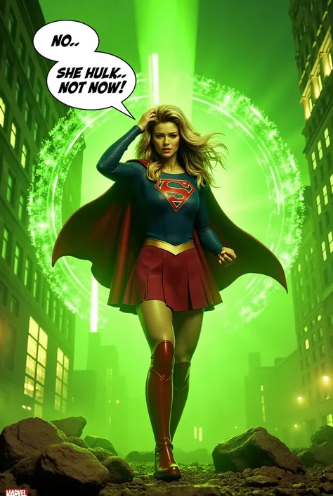 “Cinematic 8K semi-realistic action scene of a blonde 1980s Supergirl mid-transformation, bombarded by glowing green gamma radiation. She wears the classic retro costume: blue textured spandex top with a red-and-gold 'S' emblem, short red pleated skirt, go...
