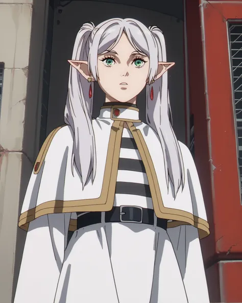 source_anime, (masterpiece), score_9, score_8_up, score_7_up, score_6_up, retrostyle,cyberpunk, ghostshell grey hair, long hair, green eyes, twintails, parted bangs, earrings, pointy ears
FrierenCasual, striped shirt, white capelet, black belt, white skirt...