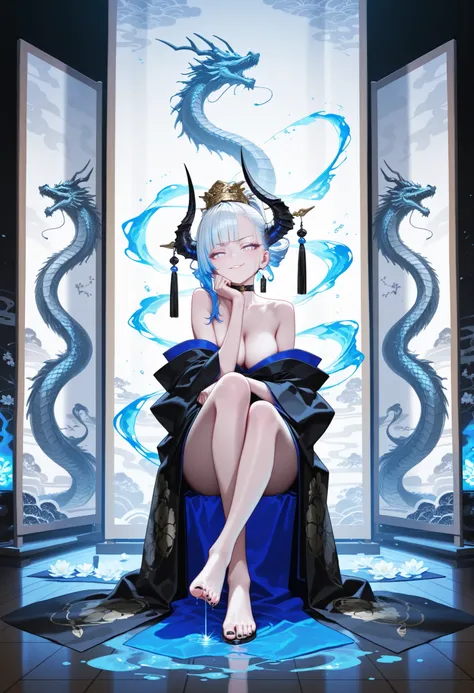 1girl, light lavender eye, jitome (0.5), Asymmetrical hair (half blue hair and half white hair), blunt bangs, hime cut, ponytail, Medium Breast, oriental dragon horns, queen, melting black haori, blue kimono, flower pettern, Choker, black nail polish, bare...