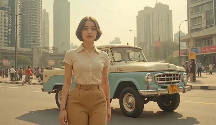 Set in the city of Jakarta in the 1950s. Young woman in 1950s-inspired clothing walks past a pickup truck Mitsubishi L300; Caucasian woman, 20-25 years old, short brown hair, fair skin; pale complexion; wearing a beige button-down shirt, fitted, with a gol...