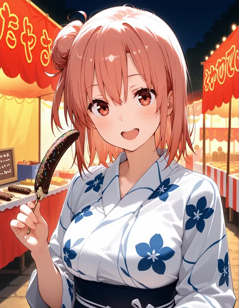 score_9, score_8_up, score_7_up,masterpiece, Highest Quality, great quality,,
Yuigahama Yui , short hair, SINGLE HAIR BANG, solo,
floral yukata, countryside、Summer festival background、
night light 、 night,
a chocolate banana, open mouth, holding...