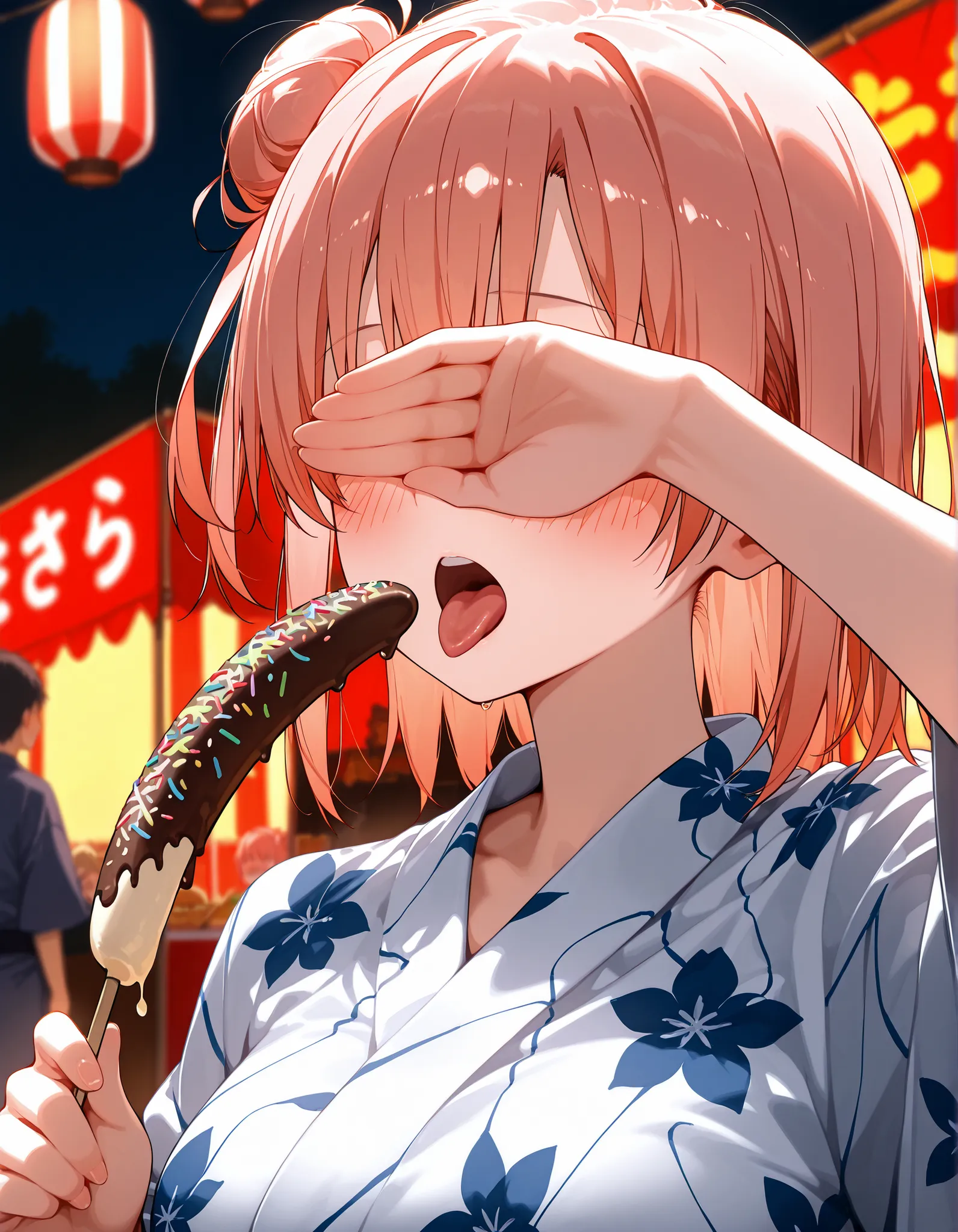 score_9, score_8_up, score_7_up,masterpiece, Highest Quality, great quality,,
Yuigahama Yui , short hair, SINGLE HAIR BANG, solo,
floral yukata, countryside、Summer festival background、blurry background with 100 bodies、
night light 、 night,
a choc...
