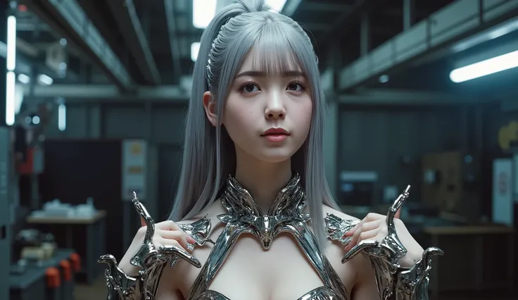 Android Girl, Highest Quality, masterpiece, Ultra High Definition, photorealistic, RAW photos , one cyberpunk girl , Glossy Skin, 1 Mechanical Girl, super realistic details, ( Mechanical Hands , tube connected to mechanical parts, mechanical vertebrae a...