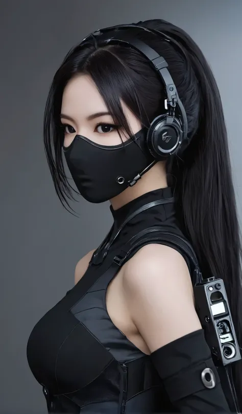 Woman in black with mask and all black cyberpunk clothes, wearing tech outfit and armor, photo of a woman in tech gear, dark sci-fi outfit, cyberpunk outfit, female assassin, futuristic tech costume, cyberpunk fashion clothes, jet black hair cyberpunk girl...