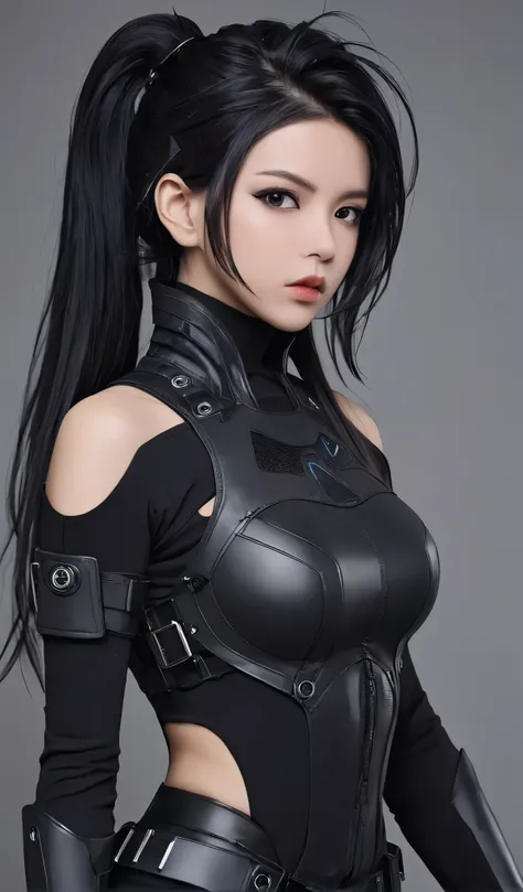 Woman in black with mask and all black cyberpunk clothes, wearing tech outfit and armor, photo of a woman in tech gear, dark sci-fi outfit, cyberpunk outfit, female assassin, futuristic tech costume, cyberpunk fashion clothes, jet black hair cyberpunk girl...