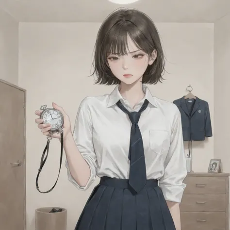 soft detail, detailed eyes, Korean style light makeup, angry expression while writing, Shows a stopwatch, Half-open eyes , Take off your clothes, Women's dressing room, school, shirt, skirt
