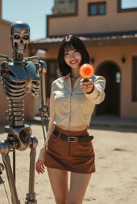 Create a portrait of a stunning Japanese singer with a slender physique, medium bust, and thin legs. She has medium-length hair and is dressed in a Western sheriff's outfit. The scene captures her playfully shooting a toy water gun at a Terminator, smiling...