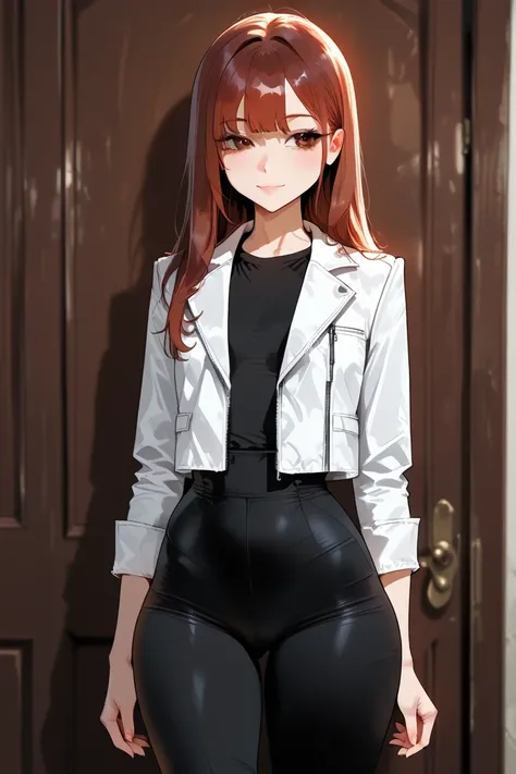 Young Girl, 1 girl, alone, small hips, skinny thighs, small thighs, big ,  wide  , thin curves, red brown hair , long hair, brown eyes, white jacket, black shirt, black pants, he would be, flirty, happy