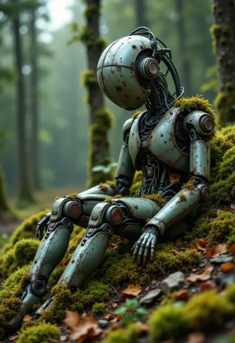 Broken robot、Robots that have stopped functioning、Decaying 、Moss grows all around、Before returning to nature、One with nature、Rust and Wiring、森の中に静かな座るロボットBroken robot、covered in moss、Blends in with nature、 in harmony with nature 、Rusted Parts and Wiring、ro...