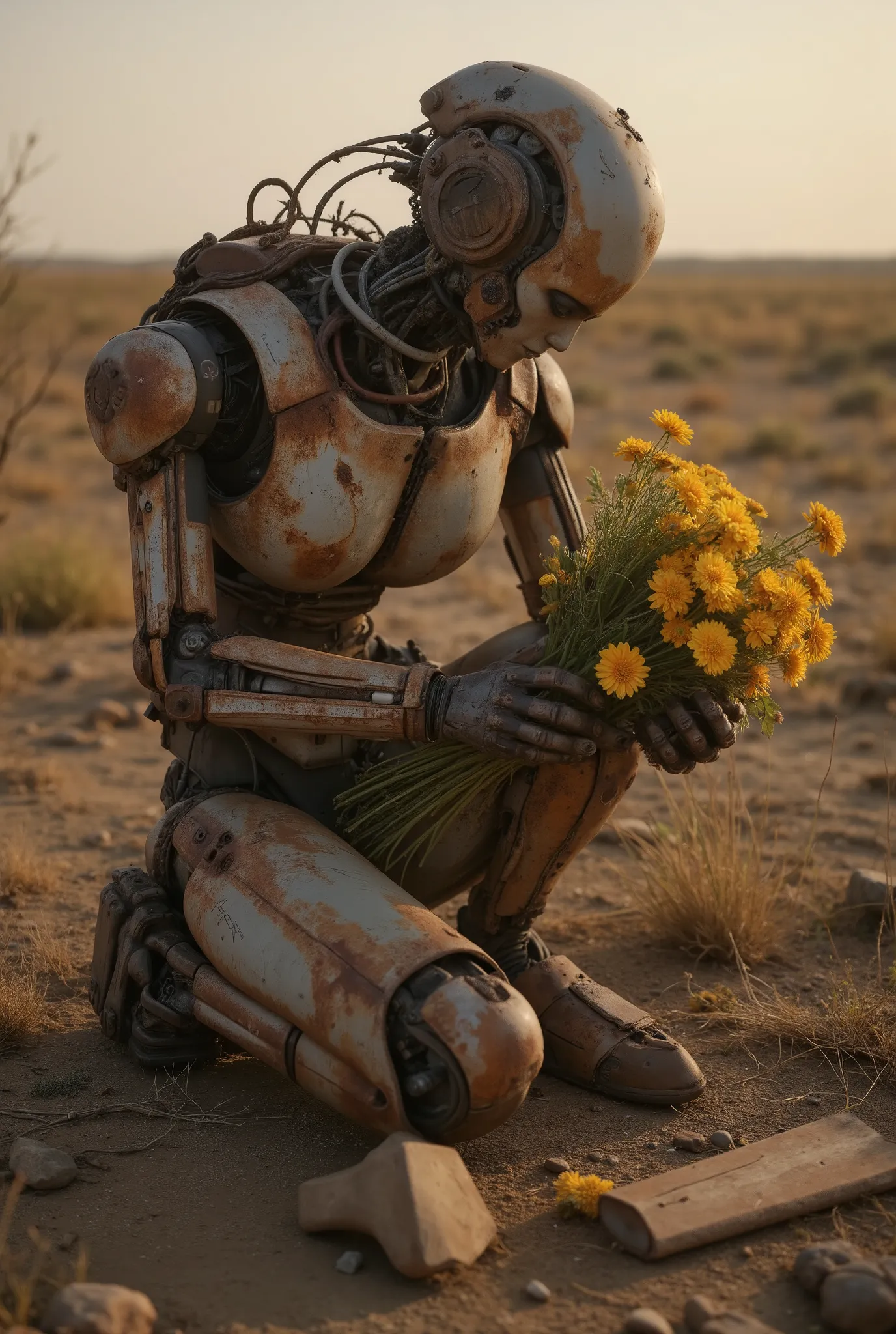 An expressive scene featuring a rusted, humanoid robot kneeling amidst a barren landscape, tenderly cradling a bouquet of wilted yellow flowers. The robot's design showcases intricate mechanical details with visible wear, contrasting sharply against the de...