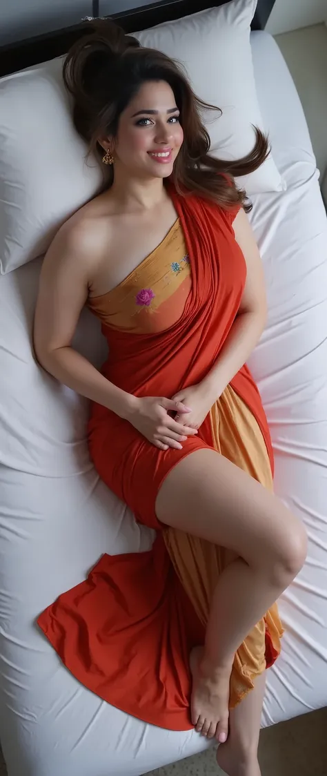 Full body bust shot photo of indian from top view lying on bed , hourglass figure, sexy navel, swooping , lying in a bedroom in daytime , wearing a candy apple red colour #FF0800 silky red saree , ponytail hair, necklace, look at viewer and smile, (cinem...