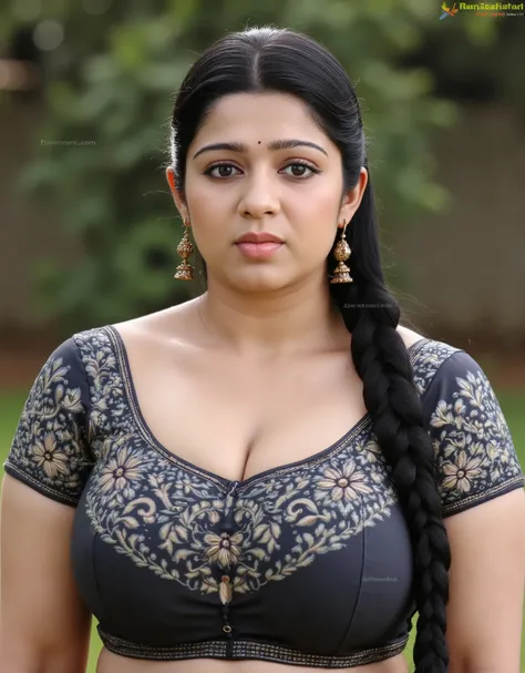 AN indian 35 year chubby girl with heavy breasts,visible cleavage wearing sleeveless embroidered blouse , standing outside,big cleavage
