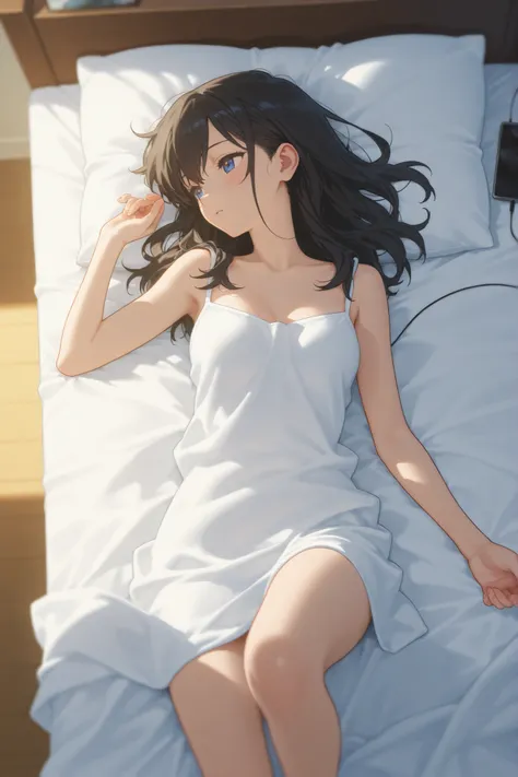 A person lying on the bed listening to music alone,Take a picture from above,4k quality, The most perfect work of art,cute anime image,
