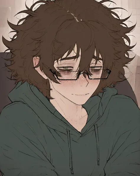 1boy, Masterpiece, Best Quality, High Details, High Quality, barneylacryboy, glasses, fluffy hair, messy hair, brown hair, freckles, green eyes, lean, short hair, hair between eyes, bags under eyes, nerd, dark green hoodie