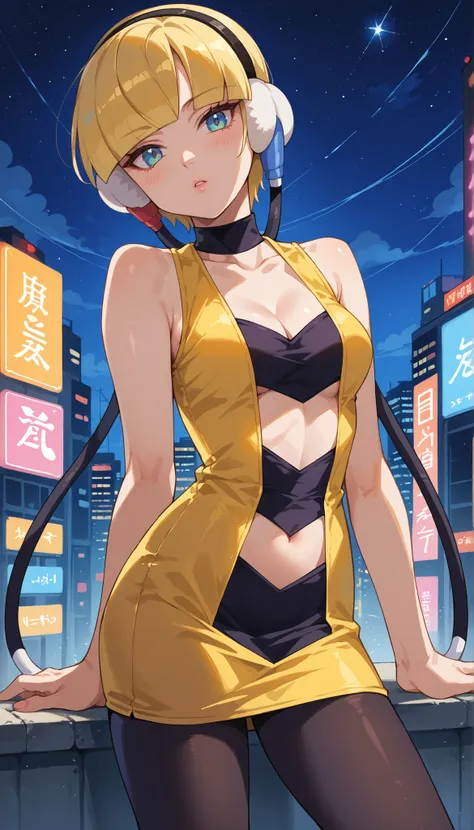 score_9, score_8_up, score_7_up, score_6_up, source_anime, BREAK 1girl,  bw1ele, blonde hair, short hair, headphones, cable, choker, cleavage, black and yellow dress, short dress, clothing cutout, navel cutout, sleeveless, pantyhose, medium breasts, lookin...