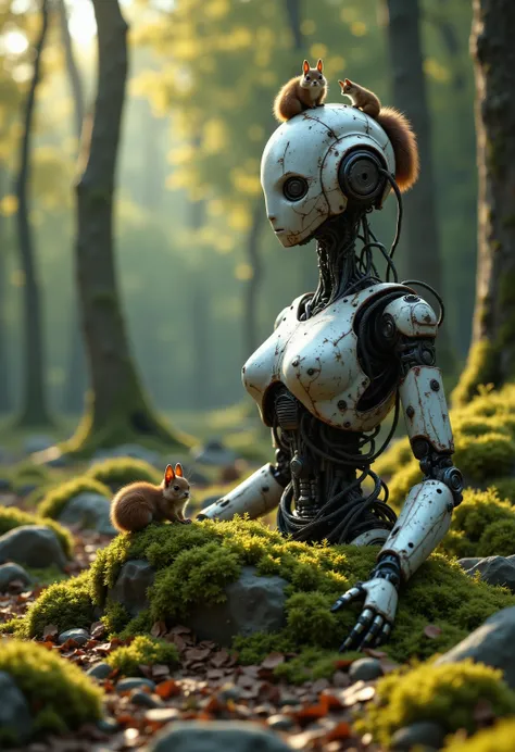 Broken robot、Robots that have stopped functioning、Decaying 、Moss grows all around、Before returning to nature、One with nature、Rust and Wiring、森の中に静かな座るロボットBroken robot、covered in moss、Blends in with nature、 in harmony with nature 、Rusted Parts and Wiring、ro...