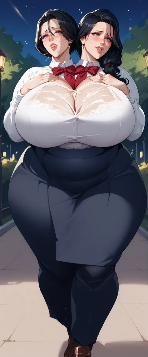  2 heads, woman with two heads、（40 years old、  long black hair、  Mature Woman、    very big breasts、       plump body that will end 、   wearing a school uniform 、Sexy Moda、 Embarrassed face in a park at night 、    sigh、  I'm putting my hands on my chest）、