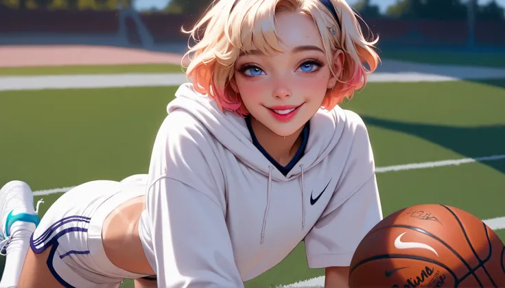 hyperrealistic, detailed face, toned blonde femboy, blue eyes, slim, male, feminine touch, blond open short hair, tanned, slight tan lines, lipgloss, happy but exhausted, panting, sweaty, flat chest, seductively smiling at the viewer, oversized white hoodi...