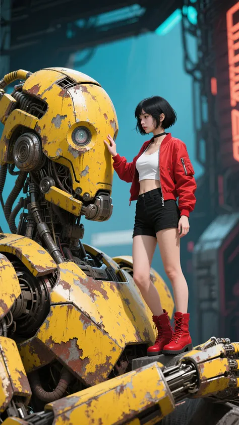 red jacket and yelow robot