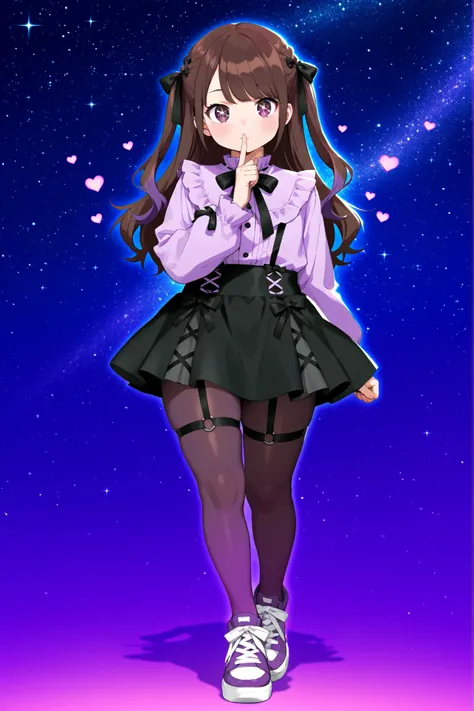cute anime otoko no ko, jirai_kei, gothic_ta, dark brown and purple gradation medium-length hair, big sparkling brown and lavender eyes, black bows in hair, black skirt, garter straps, legwear garter pantyhose, soft pastel aesthetic, surrounded by small he...
