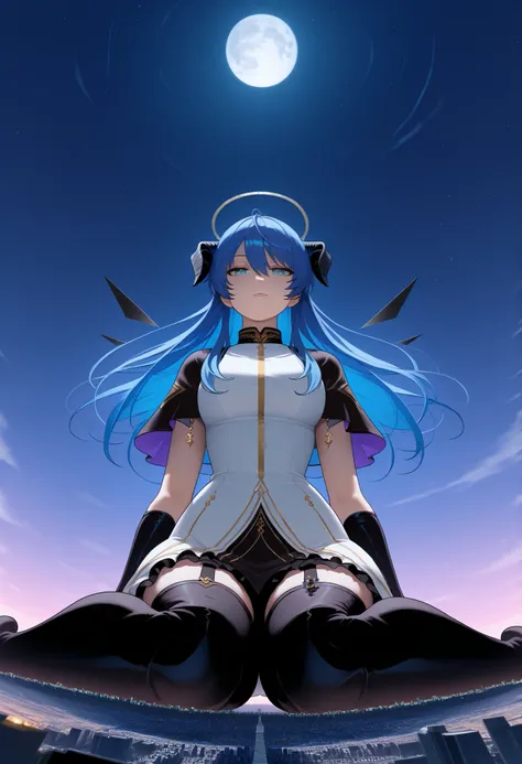 score_9_up, score_8_up, score_7_up, most1maspell, black wings, energy wings, detached wings, long hair, blue hair, hair between eyes, black horns, demon horns, halo, blue eyes, black capelet, layered dress, white dress, black dress, black gloves, elbow gl...