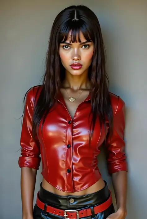 Ultra - High resolution, masterpiece, rough skin, very detailed, Photoreal, professional lighting, Depth of bounds written, sharp, gray background, (22 years old), women sexy, detailed face, beautiful eyes, bangs, good shape big breasts, dark straight hair...