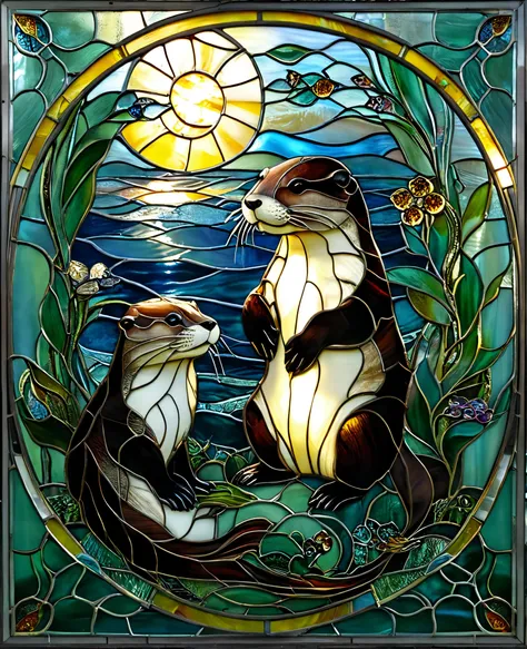 a painting of a hedge in a stained glass window, stained glass art, anthropomorphic Otter, Otter, intellectual Otter,Otter magus, golden twilight stained glass , maxim verehin stained glass , backlit stained glass , on a stained glass window...