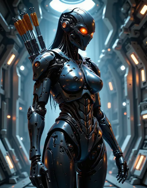 The high resolution photograph 8k, Design your battle-damaged Cyborg and reveal the rugged beauty of mechanical life! Female Cyborg with huge breasts, Archer-Cyborg Type.