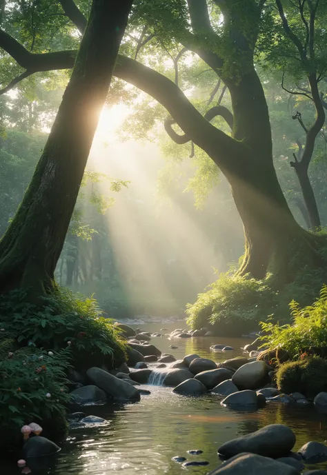 "Viral anime nature wallpaper in 4K quality, hyper-detailed and super realistic digital illustration inspired by Hayao Miyazaki. A misty enchanted forest at sunrise, with ancient moss-covered trees reaching high into the sky, every leaf and texture rendere...