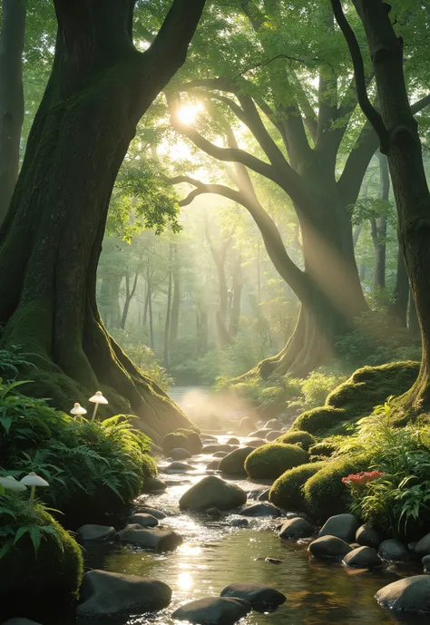 "Ultra high-definition 4K anime-style nature wallpaper, hyper-realistic digital illustration inspired by Hayao Miyazaki. A breathtaking forest at golden hour, with sunlight piercing through dense layers of richly textured, moss-covered ancient trees. Every...