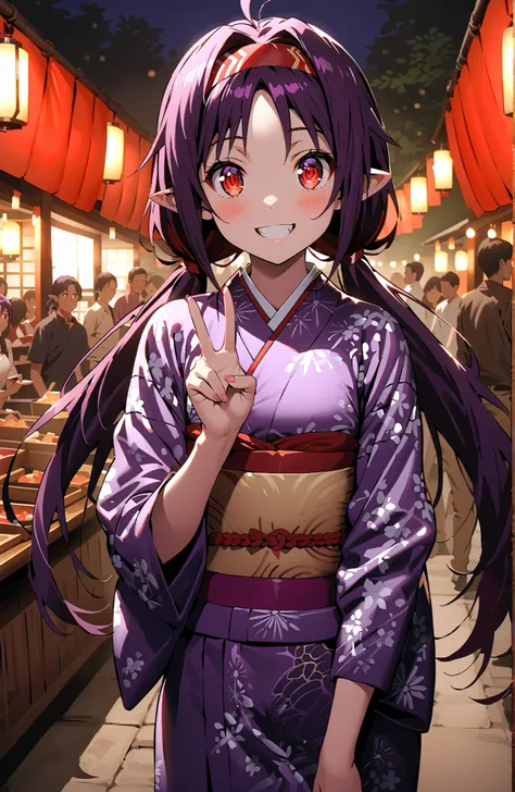  yuuki konno,solo,stupid hair, long hair, Pointy ears, purple hair, Red Eyes,low twin tails,Purple flower pattern kimono ,smile,blush,grinning,peace sign,Light up fireworks,Red Lanterns,Japanese stalls ,standing,crowd,in their 40s looking at viewer,full bo...