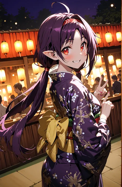  yuuki konno,solo,stupid hair, long hair, Pointy ears, purple hair, Red Eyes,low twin tails,Purple flower pattern kimono ,smile,blush,grinning,peace sign,Light up fireworks,Red Lanterns,Japanese stalls ,standing,crowd,in their 40s looking at viewer,full bo...