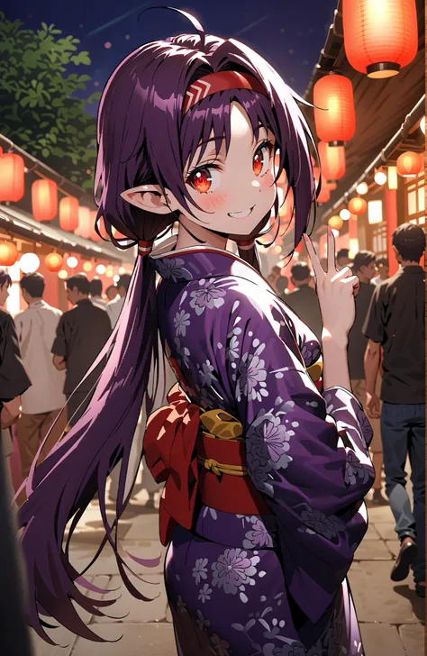  yuuki konno,solo,stupid hair, long hair, Pointy ears, purple hair, Red Eyes,low twin tails,Purple flower pattern kimono ,smile,blush,grinning,peace sign,Light up fireworks,Red Lanterns,Japanese stalls ,standing,crowd,in their 40s looking at viewer,full bo...