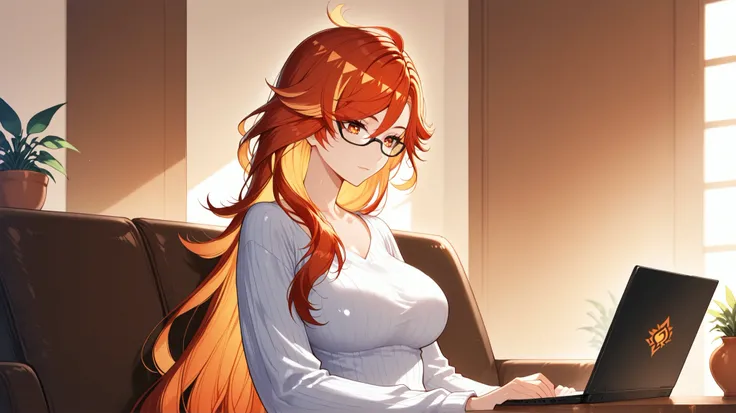 mavuika (genshin impact)a young woman sitting on a couch with a laptop, wearing glasses and a striped sweater. the image also shows a cozy indoor setting with a potted plant and a wooden table in the background. on the middle of the image, a 20-year-old wo...