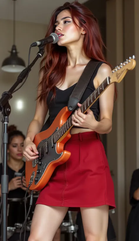 a beautiful girl in short red skirt is singing and playing electric guitar full body