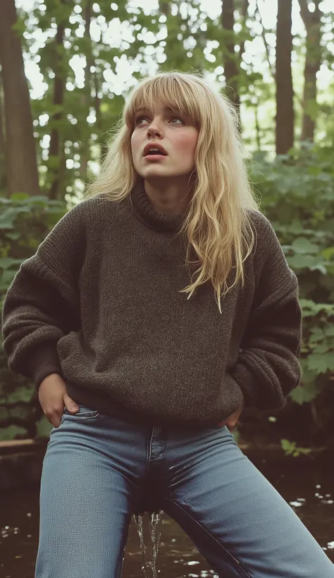 90s movie, beautiful scared terrified young woman awkwardly standing in a forest and peeing herself. There is lots of natural light. piss is flowing from her crotch in a stream and a wet stain is visible on her pants . She is visibly scared. Sweater and co...