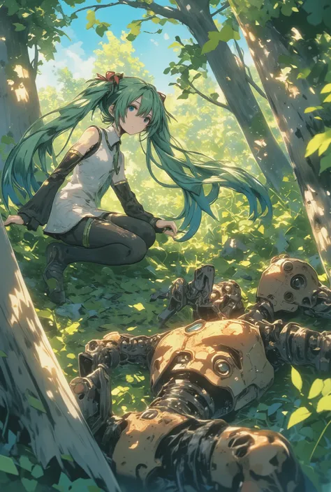 ( masterpiece、 Highest Quality、 Highest Quality、Official Art、 beautiful beautiful :1.2) Hatsune Miku、Light Green Twin Tails, beautiful breasts, Robots from the movie “Laughter”、 An old, rusty robot lies in the forest. Broken, Full of holes and wiring. ...