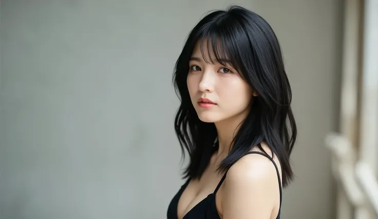 Highest Quality, 8k, masterpiece, Ultra High Definition, (photorealistic: 1.4),  RAW photos , ( black hair 、bright long hair ), (Wearing a Tank Top, micro skirt), Slim Abs: 1.1,(Big Breasts, Chest),solo, (( medium body shot)), Show off your beautiful thigh...