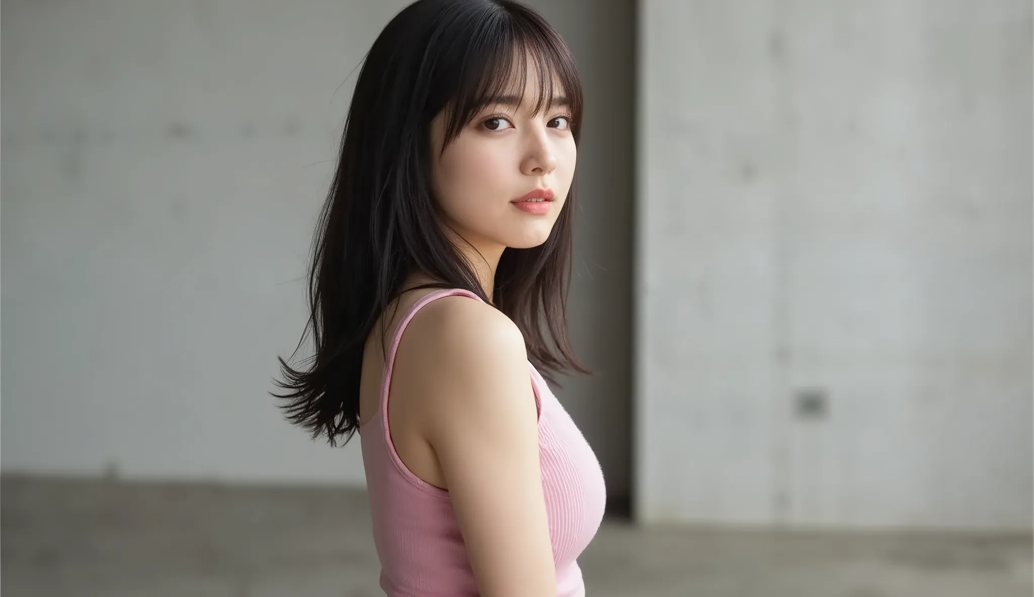 Highest Quality, 8k, masterpiece, Ultra High Definition, (photorealistic: 1.4),  RAW photos , ( black hair 、bright long hair ), (Wearing a Tank Top, micro skirt), Slim Abs: 1.1,(Big Breasts, Chest),solo, (( medium body shot)), Show off your beautiful thigh...