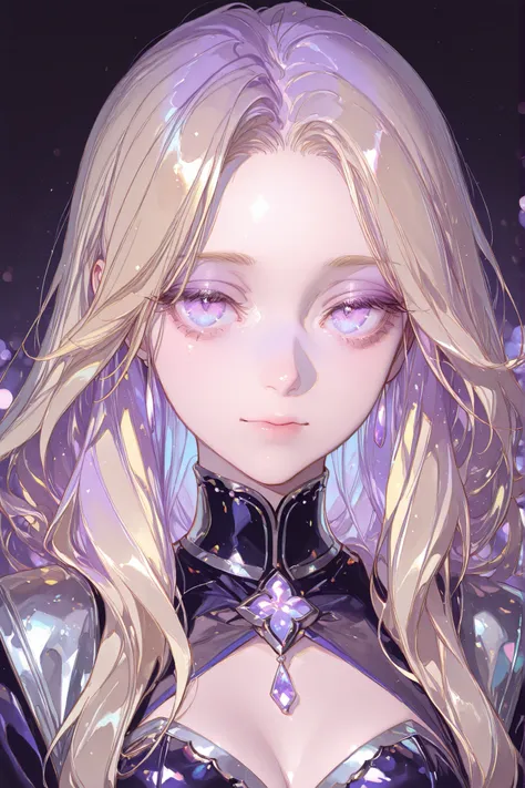 A portrait of a striking woman with long, flowing hair in a blend of blonde and violet shades. Her skin is smooth and radiant, and her eyes are a deep amethyst color. She wears a modern, stylish outfit with metallic accents, and the background features sof...
