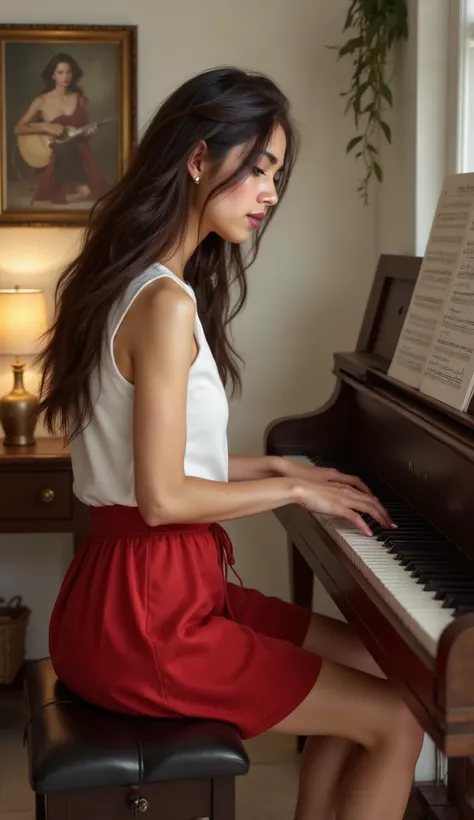 a beautiful girl in short red skirt is singing and playing piano half body