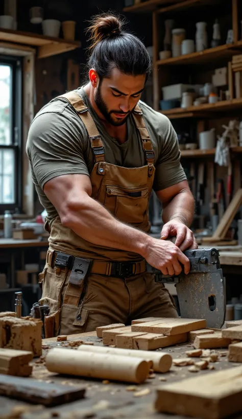 A bearded man, dressed in casual work clothes, with a tool belt around his waist. He’s holding a saw, carefully cutting a piece of wood. His intense focus is evident on his face, while his muscular physique is highlighted by the movement of his arms. The s...