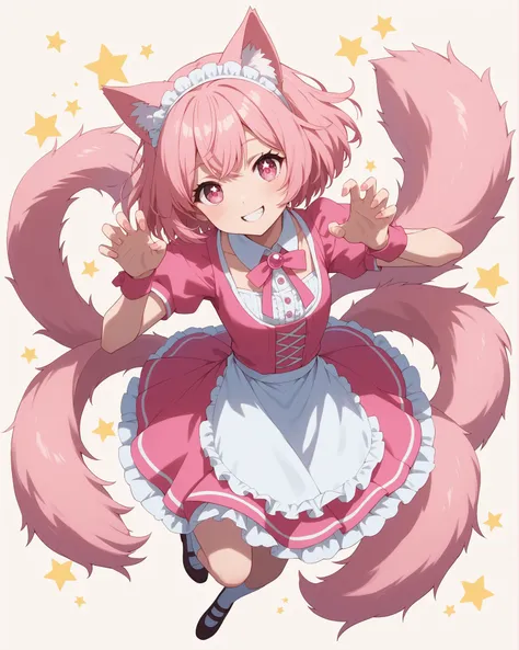 Top quality, high resolution, detailed, beautiful quality, illustration of a girl with big pink eyes, wearing a cute frilly pink waitress outfit, pink hair, long twin tails, white cat ears headband, fluffy short hair, big pink eyes, sparkling eyes, smiling...