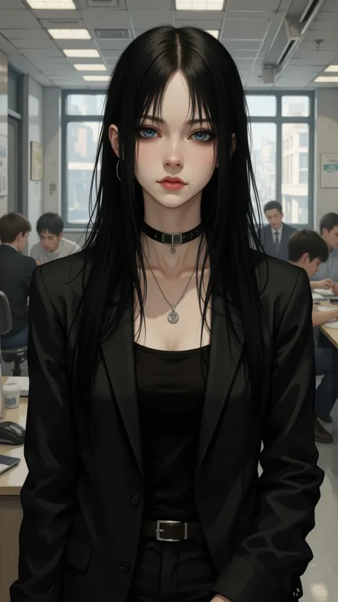 ((zPDXL3)), ( point數 _9), ( point數 _8_up,  point數 _7_up), knava, L0LSPLH, 2024, 2023,  Western Studio ,  sixmorevodka , g0thicPXL,Real Movie Style，point_9，得point_8_rise，得point_7_rise，得point_6_rise，
 a woman，Soro
Very Long Black Hair，側point，Very Straight Hair，big eyes，long eyelashes， Chubby 的嘴唇，thin，cute，young people，thin削， Chubby ，peaceful，water blue eyes，Race：Morin Elves，Punjabi，Elvish，（ dark skin ：1.5）
rest。
Handsome Black Suit，（cleavage：1.1）
background：Busy Office
Body Shooting，Handheld