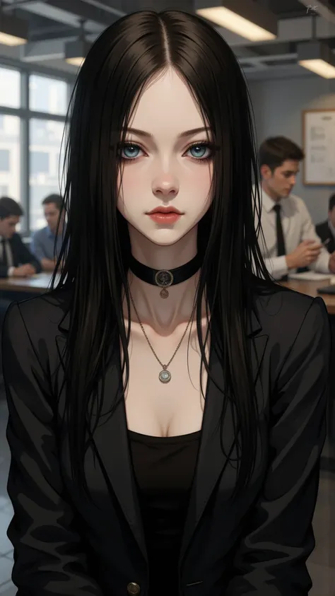 ((zPDXL3)), ( point數 _9), ( point數 _8_up,  point數 _7_up), knava, L0LSPLH, 2024, 2023,  Western Studio ,  sixmorevodka , g0thicPXL,Real Movie Style，point_9，得point_8_rise，得point_7_rise，得point_6_rise，
 a woman，Soro
Very Long Black Hair，側point，Very Straight Hair，big eyes，long eyelashes， Chubby 的嘴唇，thin，cute，young people，thin削， Chubby ，peaceful，water blue eyes，Race：Morin Elves，Punjabi，Elvish，（ dark skin ：1.5）
rest。
Handsome Black Suit，（cleavage：1.1）
background：Busy Office
Body Shooting，Handheld