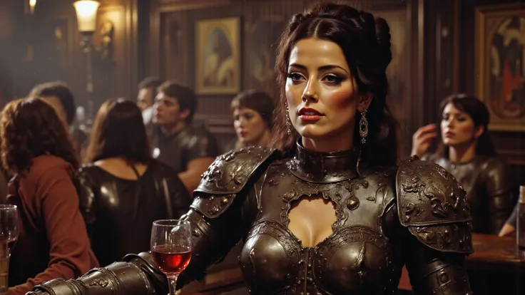 A creepy lean, slutty woman with laughing, lying dead eyes and a half-smirk permanently stitched across her face. Her hard leather armor is slutty flashy and impractical, painted with creepy faces and sluttishly decorated. Beneath her surface charm and sha...