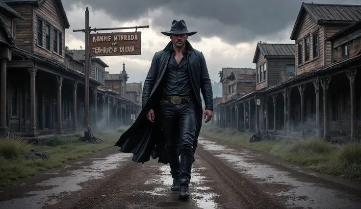 Hyper-realistic cinematic wide-angle 16:9 composition blending a dramatic storm-drenched western town and a lone gunslinger: Under torrential rain and thick fog, a deserted old west town sprawls across the frame, captured from a front-facing downward camer...