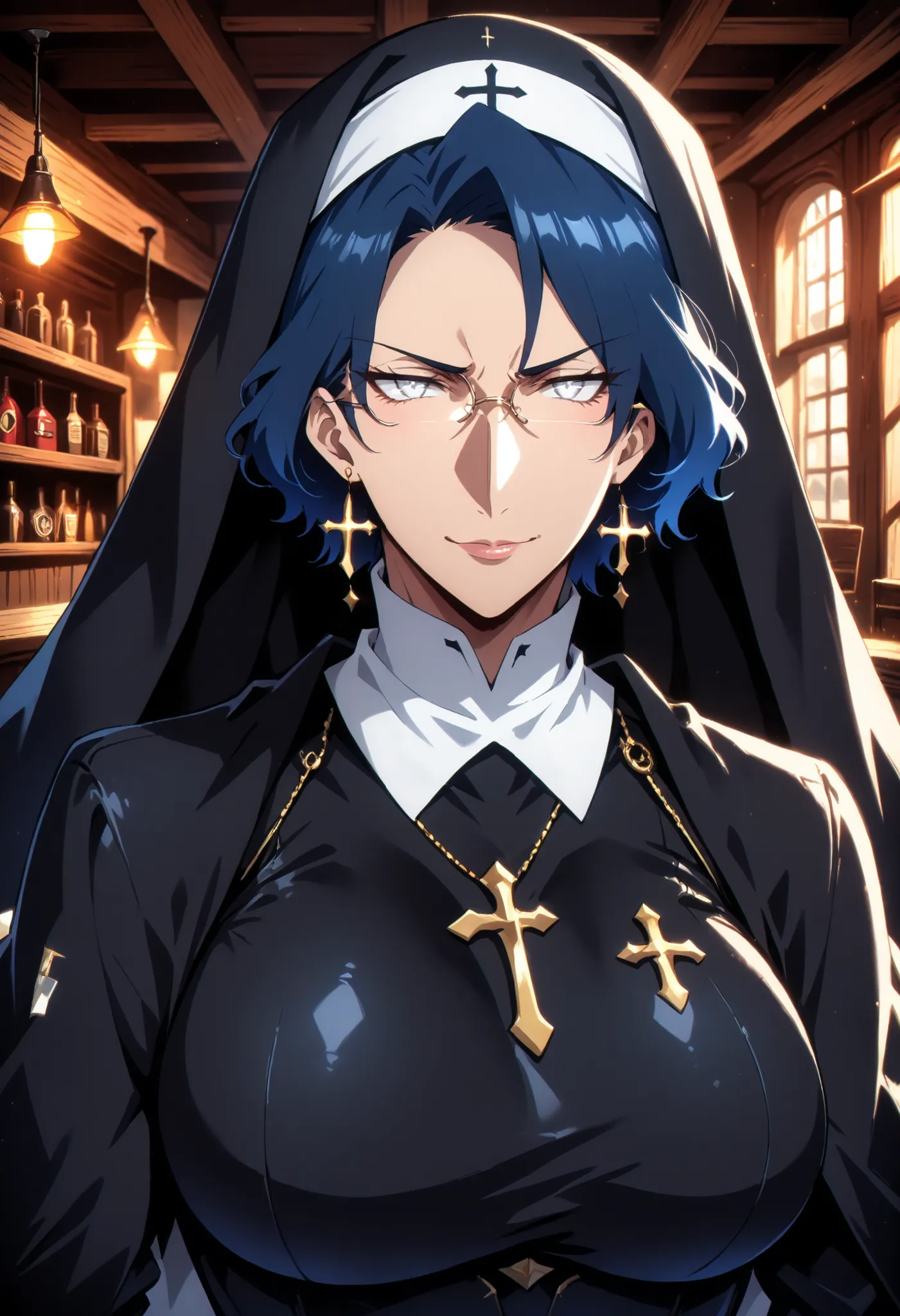 score_9,score_8_up,score_7_up,solo,looking at viewer, Hyūga_Hinata's/Boruto, White Eyes, short hair,bangs,shirt,Dark Blue hair,(Old West), a Nun in black (the secret underground bar,What are the stories of debauchery and extravagance Passionate lustfull, W...