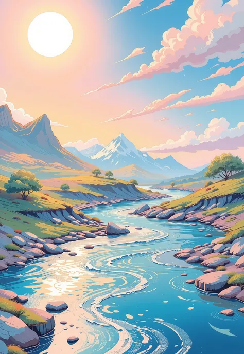 Super Detail, Absolute Determination, masterpiece, A beautiful meandering river cascading down from the sky to the ground, Clear water, Shine, fairy tale, fantasy, cute, Dream Wonderland, very detailed, sharp focus and contrast, extremely clear images, 2.5...