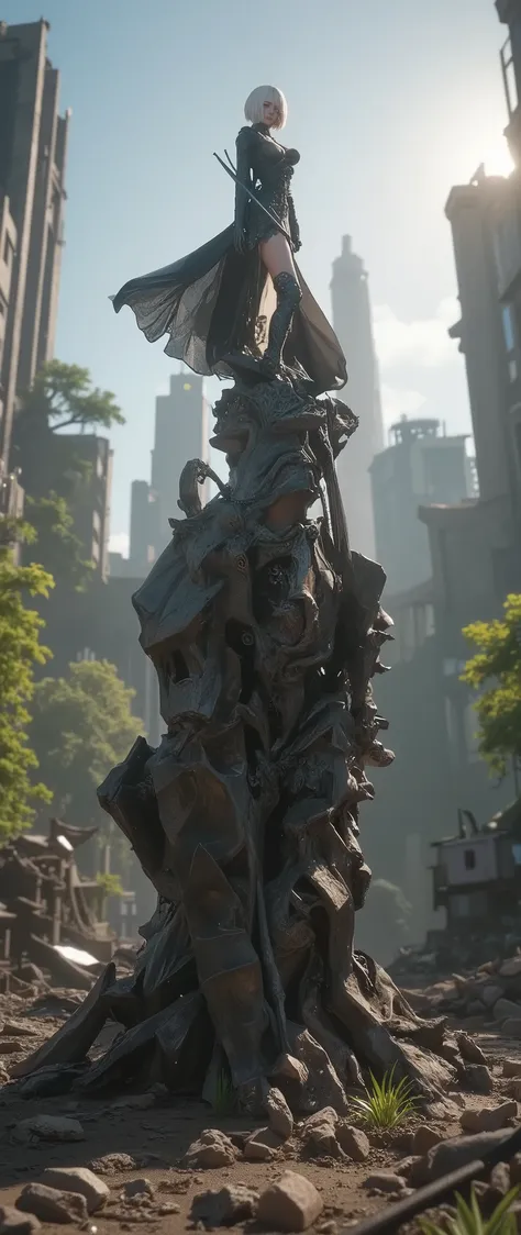 Fantasy art, Japanese anime, YoRHa 2B, YoRHa 2B standing on a destroyed and abandoned mechanical soldier